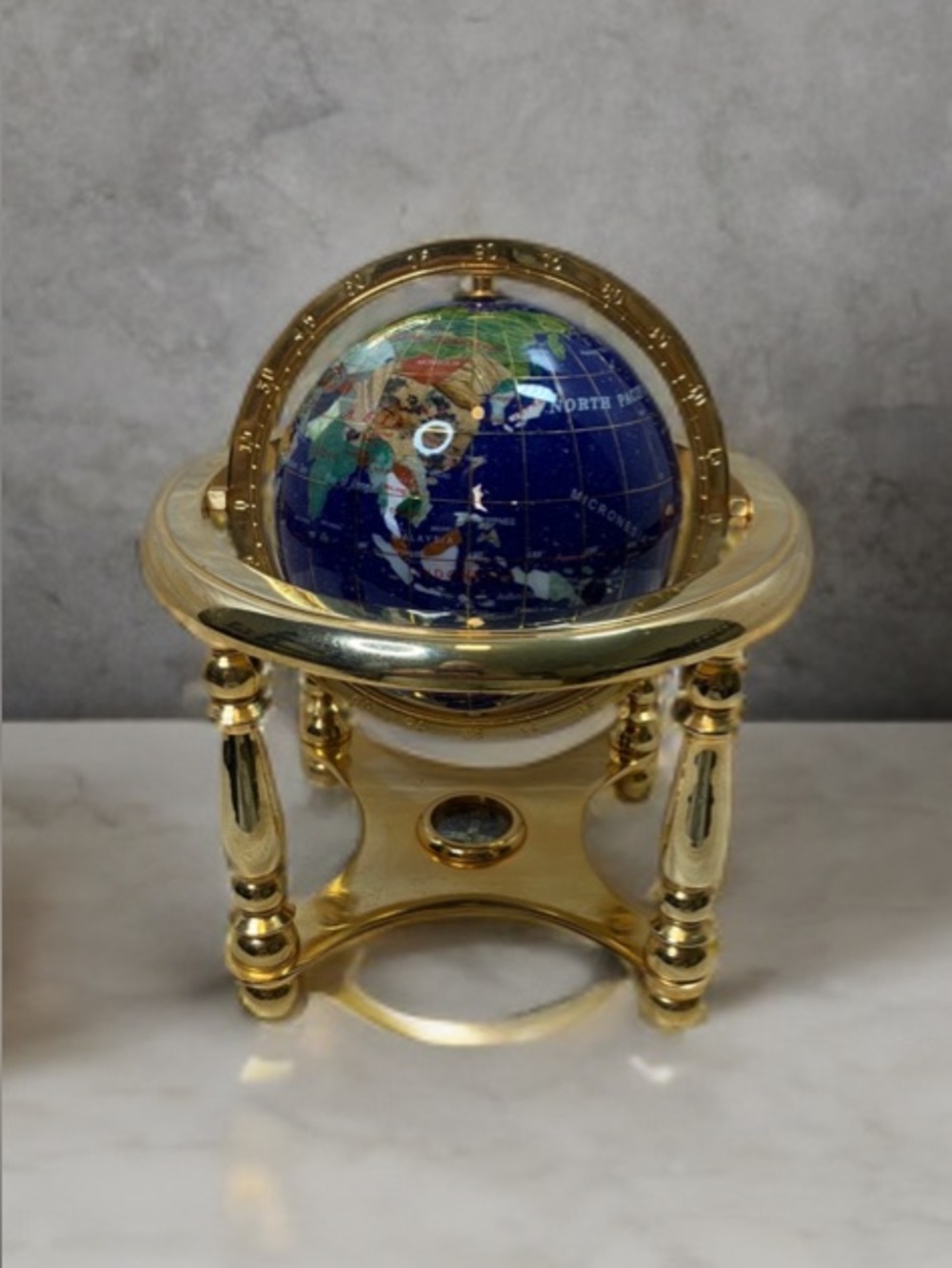 Table Top Blue Lapis Ocean World Globe with 4 leg Gold Stand